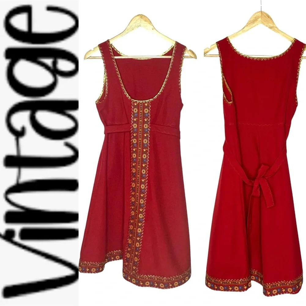 Vintage 60’s Red Embroidered Mini Dress app small